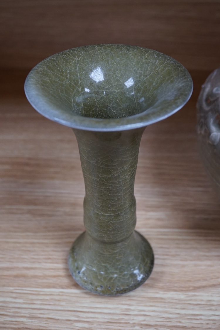 A celadon glazed archaistic Han style vase and Gu vase, largest 21cm high
